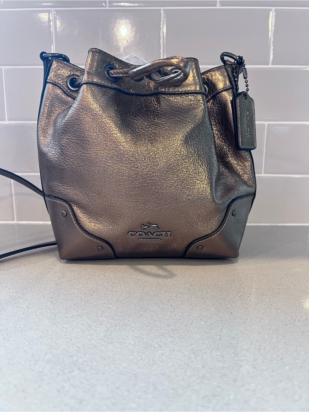 Coach Metallic Bronze Leather Drawstring Crossbody Bag F35363 BABY MICKIE - Picture 3 of 16